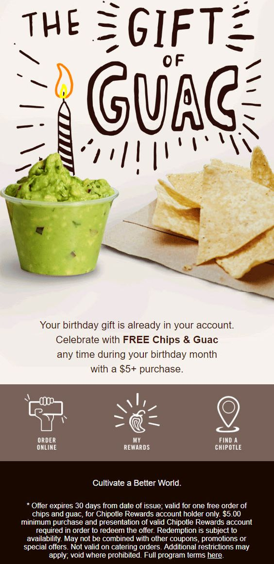 2023 Chipotle Birthday Rewards Get a Free Birthday Meal Side Reward